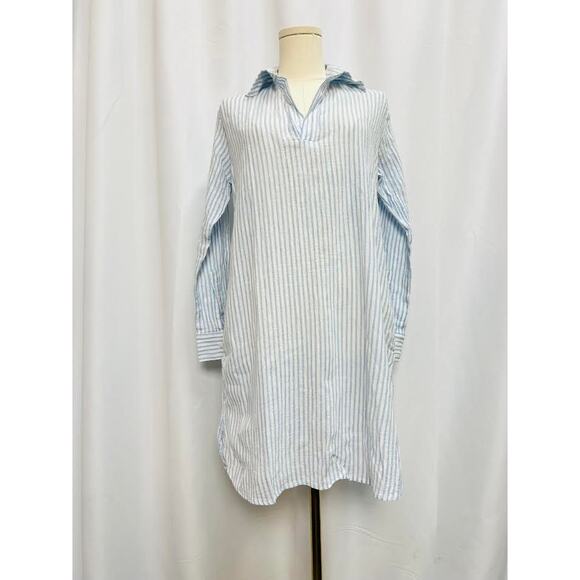 NEW! POUR LES FEMMES LINEN SHIRT DRESS Blue White Cotton Stripe SMALL